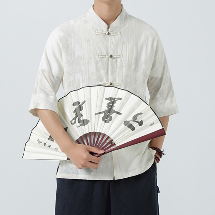 Buddha Stones Chemise homme à manches courtes et boutons brandebourg, motif aiguilles de pin d'été - image 17