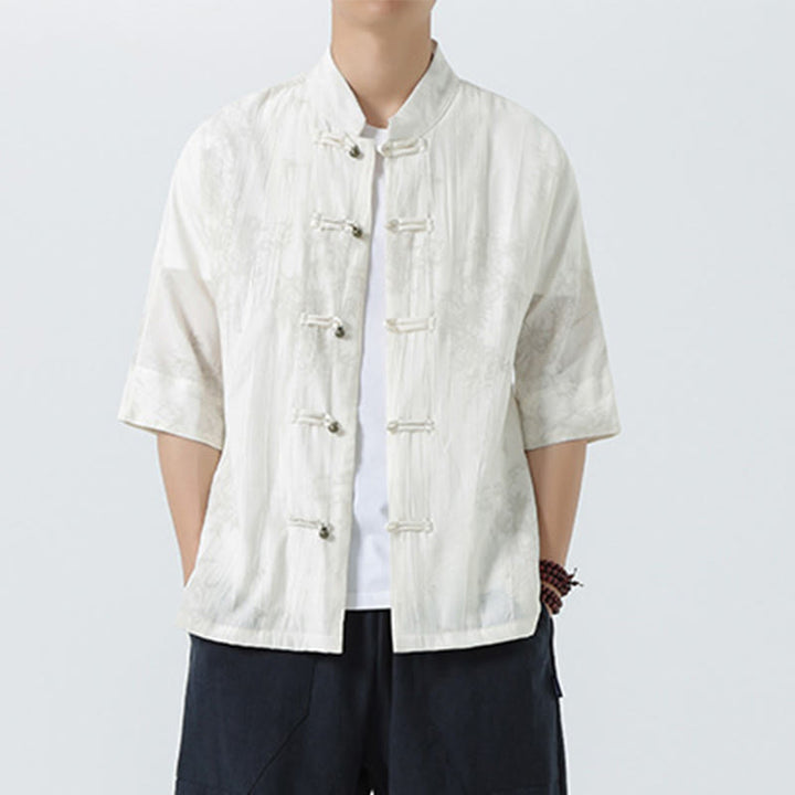 Buddha Stones Chemise homme à manches courtes et boutons brandebourg, motif aiguilles de pin d'été - image 15