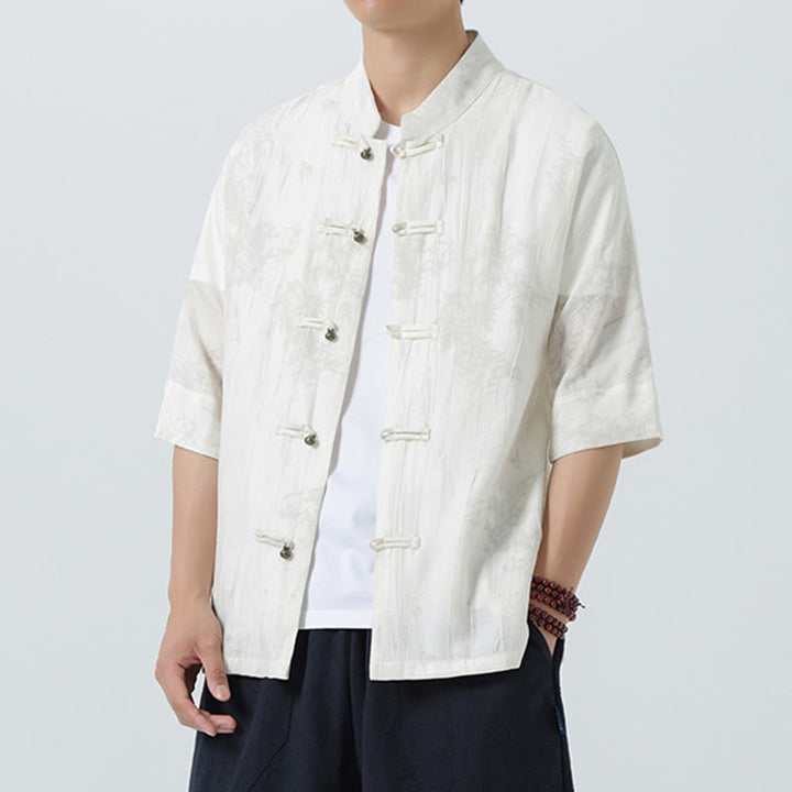 Buddha Stones Chemise homme à manches courtes et boutons brandebourg, motif aiguilles de pin d'été - image 13