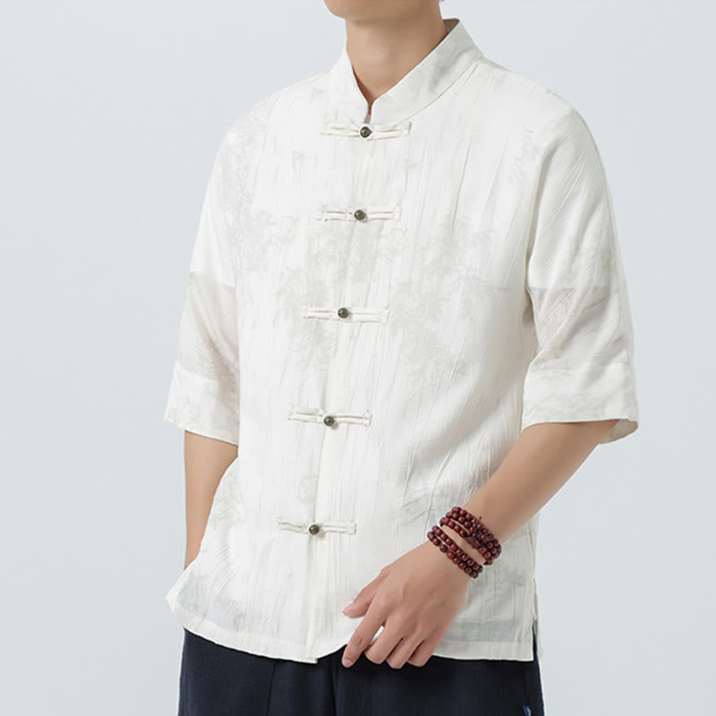 Buddha Stones Chemise homme à manches courtes et boutons brandebourg, motif aiguilles de pin d'été - image 14