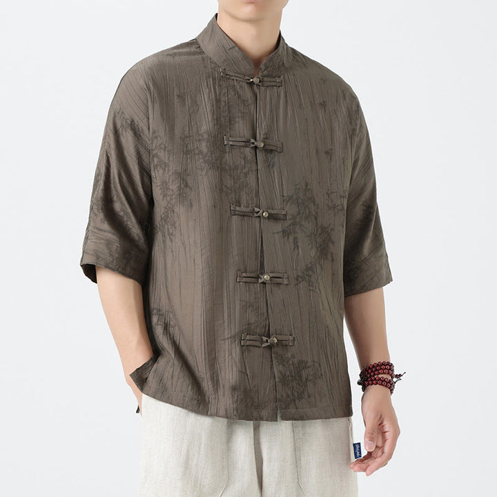Buddha Stones Chemise homme à manches courtes et boutons brandebourg, motif aiguilles de pin d'été - image 1