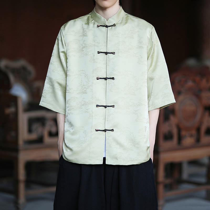 Buddha Stones Chemise homme à manches courtes et boutons brandebourg, motif montagnes et pins d'été - image 1
