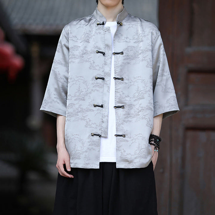Buddha Stones Chemise homme à manches courtes et boutons brandebourg, motif montagnes et pins d'été - Gainsboro - US/UK/AU46，EU56 (5XL) - image 7