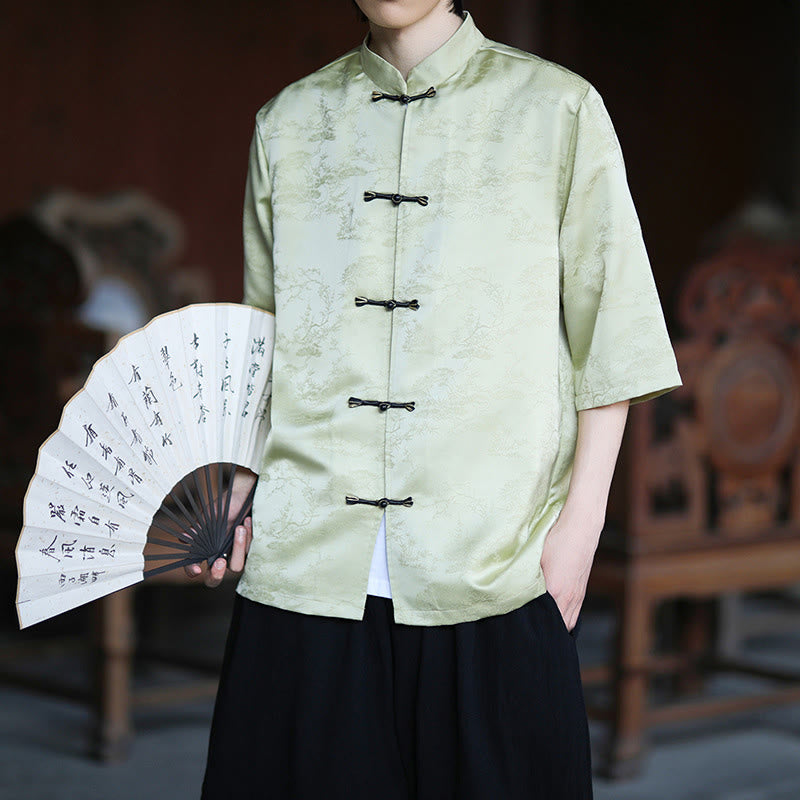 Buddha Stones Chemise homme à manches courtes et boutons brandebourg, motif montagnes et pins d'été - Vert pâle - US/UK/AU46，EU56 (5XL) - image 0