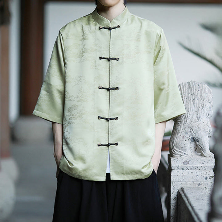 Buddha Stones Chemise homme à manches courtes et boutons brandebourg, motif montagnes et pins d'été - image 4