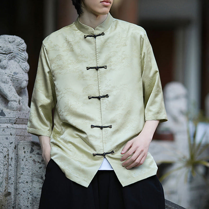 Buddha Stones Chemise homme à manches courtes et boutons brandebourg, motif montagnes et pins d'été - image 5