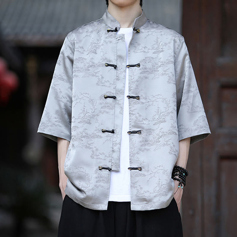 Buddha Stones Chemise homme à manches courtes et boutons brandebourg, motif montagnes et pins d'été - image 9