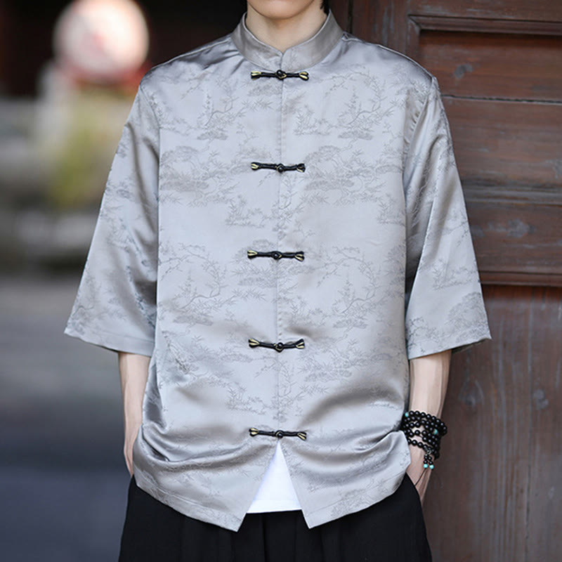 Buddha Stones Chemise homme à manches courtes et boutons brandebourg, motif montagnes et pins d'été - image 11
