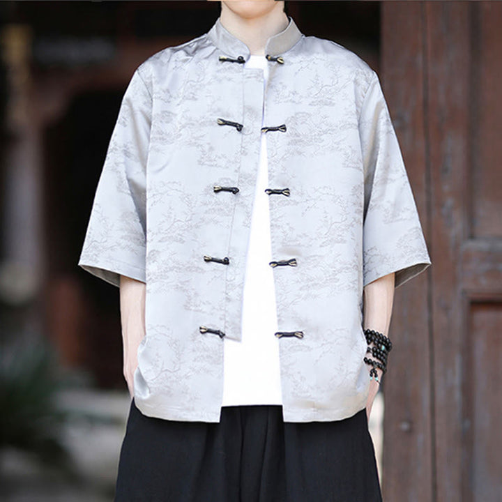Buddha Stones Chemise homme à manches courtes et boutons brandebourg, motif montagnes et pins d'été - image 13