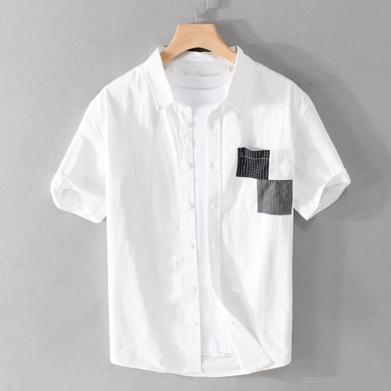 Buddha Stones Chemise homme en coton à manches courtes, manches courtes, rayures carrées et poches décoratives, ornée de boutons d'été et de blocs de couleur. - Blanc - US/UK/AU40, EU50 (3XL) - image 3