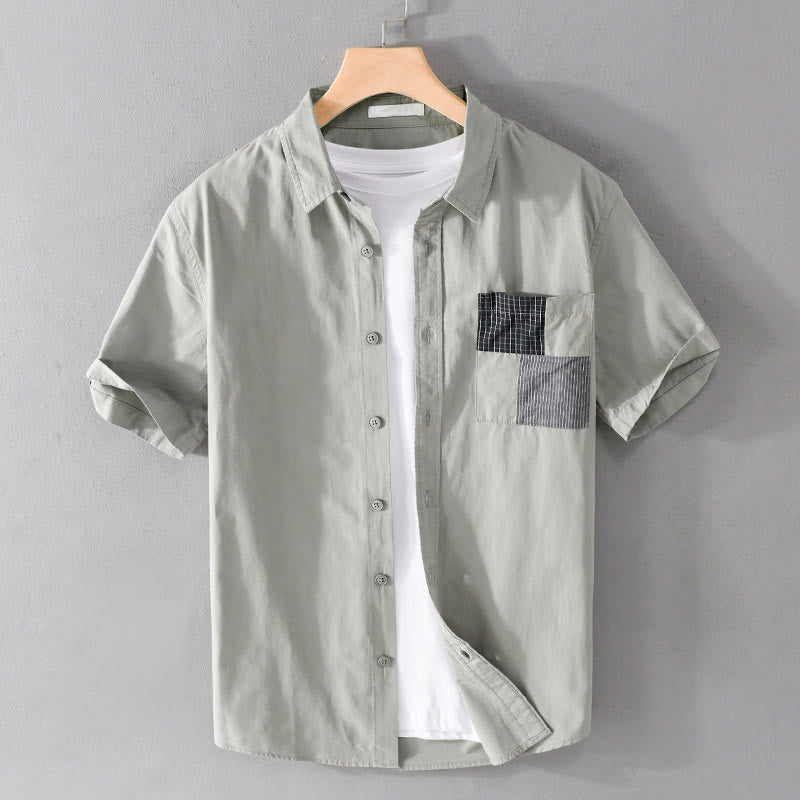Buddha Stones Chemise homme en coton à manches courtes, manches courtes, rayures carrées et poches décoratives, ornée de boutons d'été et de blocs de couleur. - Melon miellat - US/UK/AU40, EU50 (3XL) - image 0