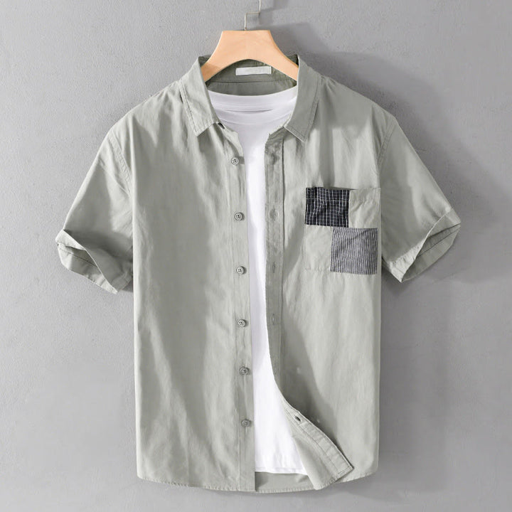Buddha Stones Chemise homme en coton à manches courtes, manches courtes, rayures carrées et poches décoratives, ornée de boutons d'été et de blocs de couleur. - Melon miellat - US/UK/AU40, EU50 (3XL) - image 0