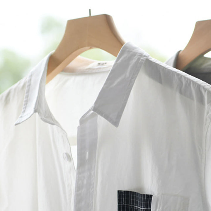 Buddha Stones Chemise homme en coton à manches courtes, manches courtes, rayures carrées et poches décoratives, ornée de boutons d'été et de blocs de couleur. - image 6