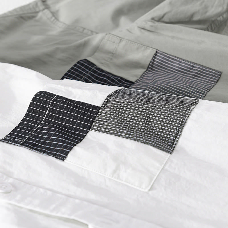 Buddha Stones Chemise homme en coton à manches courtes, manches courtes, rayures carrées et poches décoratives, ornée de boutons d'été et de blocs de couleur. - image 12