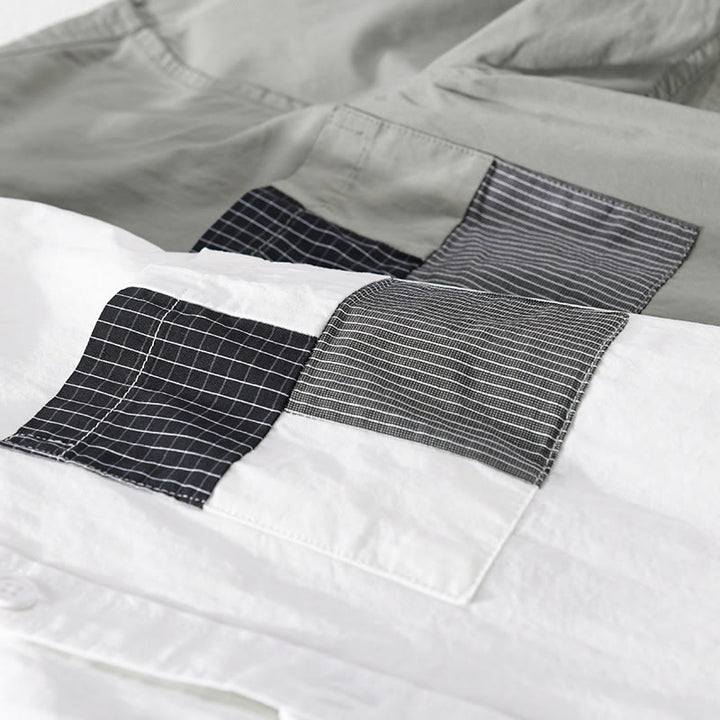 Buddha Stones Chemise homme en coton à manches courtes, manches courtes, rayures carrées et poches décoratives, ornée de boutons d'été et de blocs de couleur. - image 12