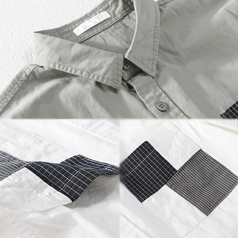 Buddha Stones Chemise homme en coton à manches courtes, manches courtes, rayures carrées et poches décoratives, ornée de boutons d'été et de blocs de couleur. - image 11