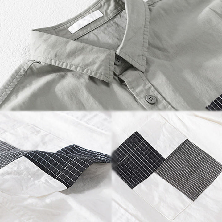 Buddha Stones Chemise homme en coton à manches courtes, manches courtes, rayures carrées et poches décoratives, ornée de boutons d'été et de blocs de couleur. - image 11