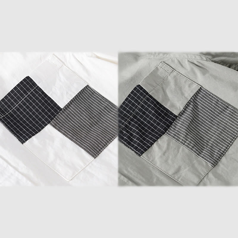 Buddha Stones Chemise homme en coton à manches courtes, manches courtes, rayures carrées et poches décoratives, ornée de boutons d'été et de blocs de couleur. - image 14