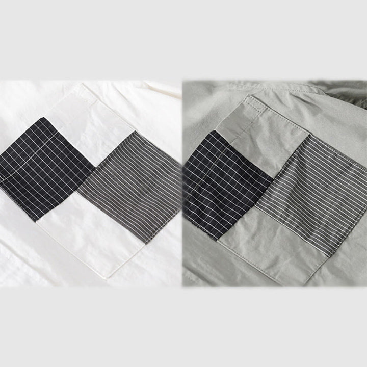 Buddha Stones Chemise homme en coton à manches courtes, manches courtes, rayures carrées et poches décoratives, ornée de boutons d'été et de blocs de couleur. - image 14