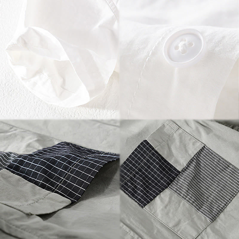 Buddha Stones Chemise homme en coton à manches courtes, manches courtes, rayures carrées et poches décoratives, ornée de boutons d'été et de blocs de couleur. - image 13