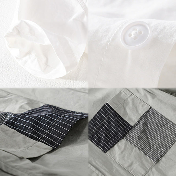 Buddha Stones Chemise homme en coton à manches courtes, manches courtes, rayures carrées et poches décoratives, ornée de boutons d'été et de blocs de couleur. - image 13