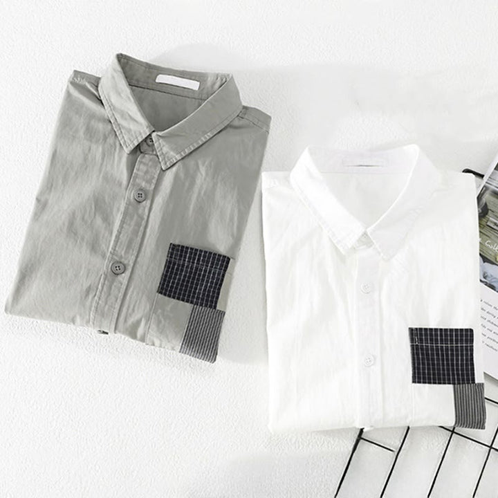 Buddha Stones Chemise homme en coton à manches courtes, manches courtes, rayures carrées et poches décoratives, ornée de boutons d'été et de blocs de couleur. - image 8