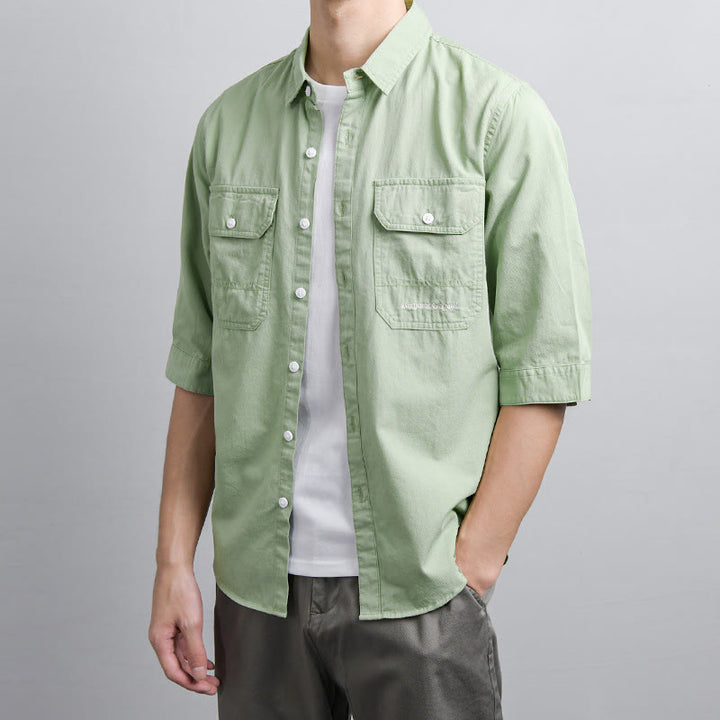 Buddha Stones Chemise d'été pour homme en coton à manches courtes, boutons et deux poches décoratives. - image 8