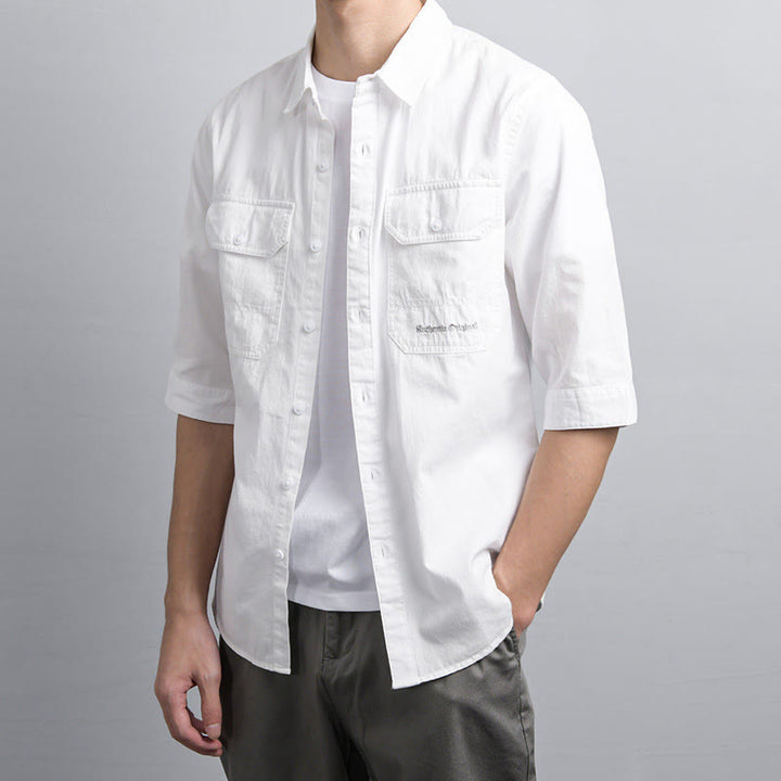 Buddha Stones Chemise d'été pour homme en coton à manches courtes, boutons et deux poches décoratives. - image 13