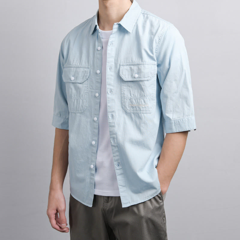 Buddha Stones Chemise d'été pour homme en coton à manches courtes, boutons et deux poches décoratives. - image 5