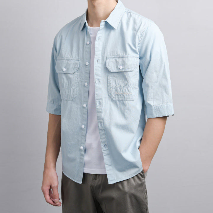 Buddha Stones Chemise d'été pour homme en coton à manches courtes, boutons et deux poches décoratives. - image 5