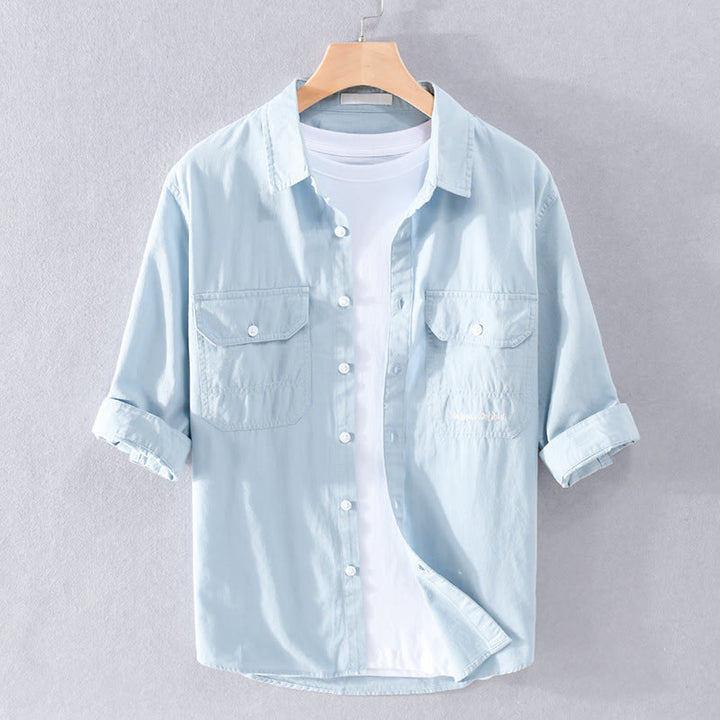 Buddha Stones Chemise d'été pour homme en coton à manches courtes, boutons et deux poches décoratives. - Bleu poudré - US/UK/AU40, EU50 (3XL) - image 0