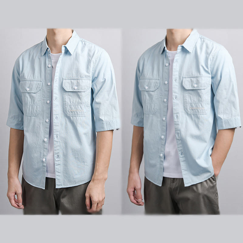 Buddha Stones Chemise d'été pour homme en coton à manches courtes, boutons et deux poches décoratives. - image 6