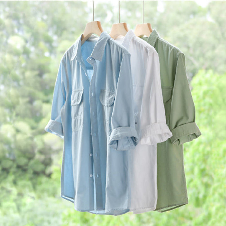 Buddha Stones Chemise d'été pour homme en coton à manches courtes, boutons et deux poches décoratives. - image 22