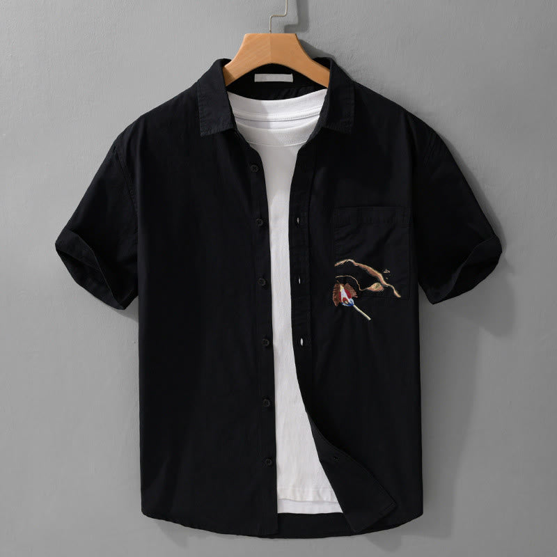 Buddha Stones Chemise d'été à manches courtes en coton pour homme, avec boutons, broderie d'oiseau et poche décorative. - Noir - US/UK/AU40, EU50 (3XL) - image 10