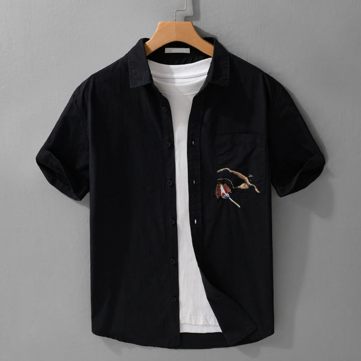 Buddha Stones Chemise d'été à manches courtes en coton pour homme, avec boutons, broderie d'oiseau et poche décorative. - Noir - US/UK/AU40, EU50 (3XL) - image 10