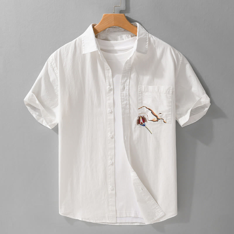 Buddha Stones Chemise d'été à manches courtes en coton pour homme, avec boutons, broderie d'oiseau et poche décorative. - Blanc - US/UK/AU40, EU50 (3XL) - image 0