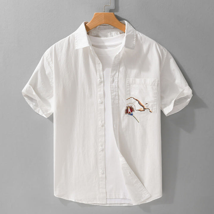 Buddha Stones Chemise d'été à manches courtes en coton pour homme, avec boutons, broderie d'oiseau et poche décorative. - Blanc - US/UK/AU40, EU50 (3XL) - image 0
