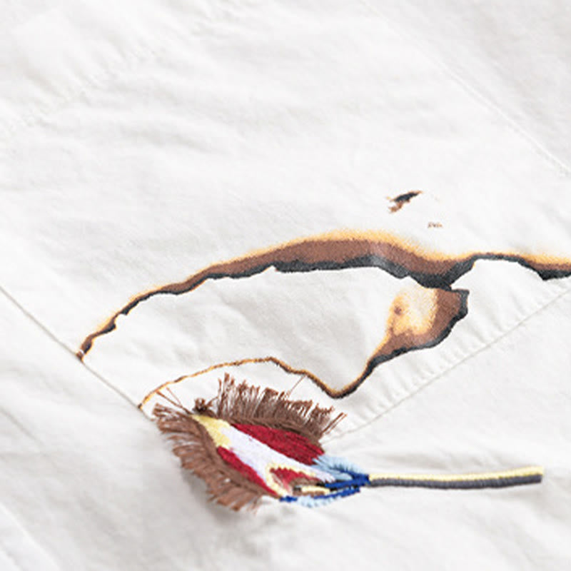 Buddha Stones Chemise d'été à manches courtes en coton pour homme, avec boutons, broderie d'oiseau et poche décorative. - image 6