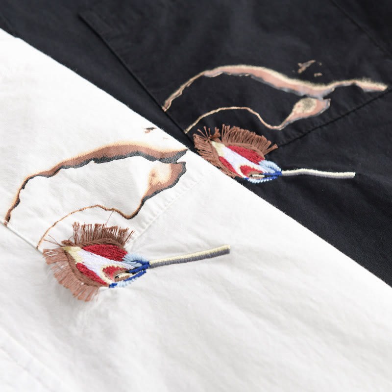 Buddha Stones Chemise d'été à manches courtes en coton pour homme, avec boutons, broderie d'oiseau et poche décorative. - image 16