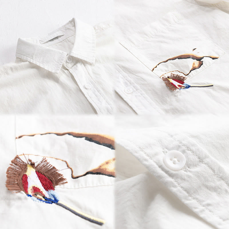 Buddha Stones Chemise d'été à manches courtes en coton pour homme, avec boutons, broderie d'oiseau et poche décorative. - image 2