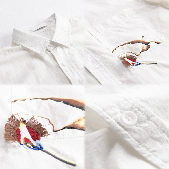 Buddha Stones Chemise d'été à manches courtes en coton pour homme, avec boutons, broderie d'oiseau et poche décorative. - image 2