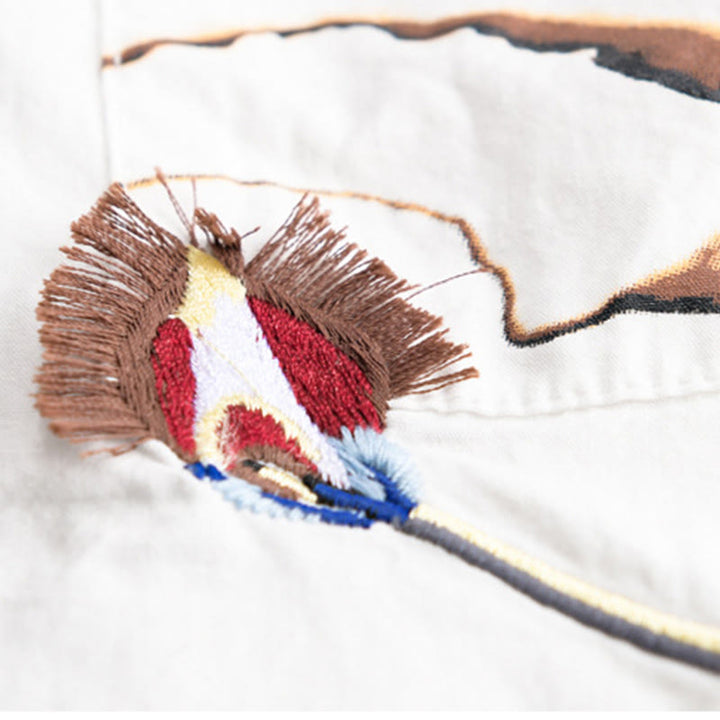 Buddha Stones Chemise d'été à manches courtes en coton pour homme, avec boutons, broderie d'oiseau et poche décorative. - image 7