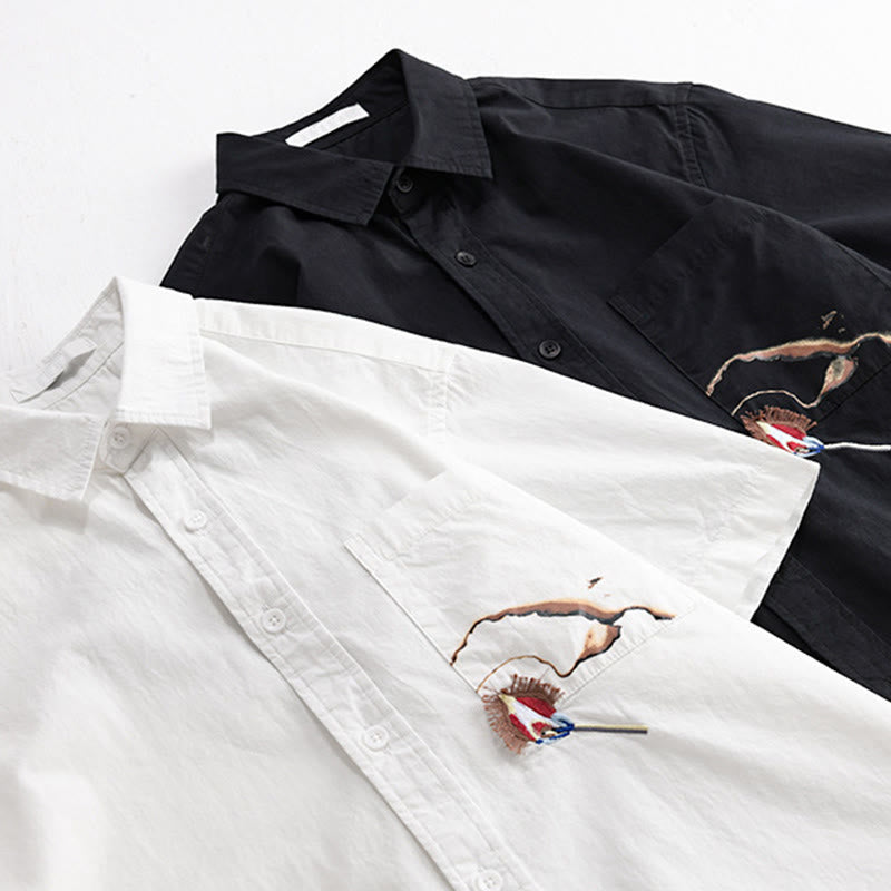 Buddha Stones Chemise d'été à manches courtes en coton pour homme, avec boutons, broderie d'oiseau et poche décorative. - image 15