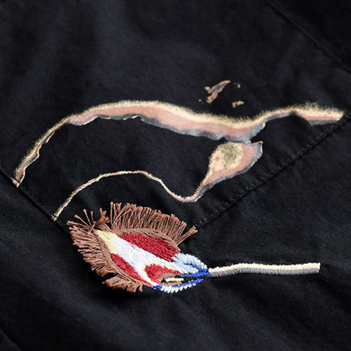 Buddha Stones Chemise d'été à manches courtes en coton pour homme, avec boutons, broderie d'oiseau et poche décorative. - image 13