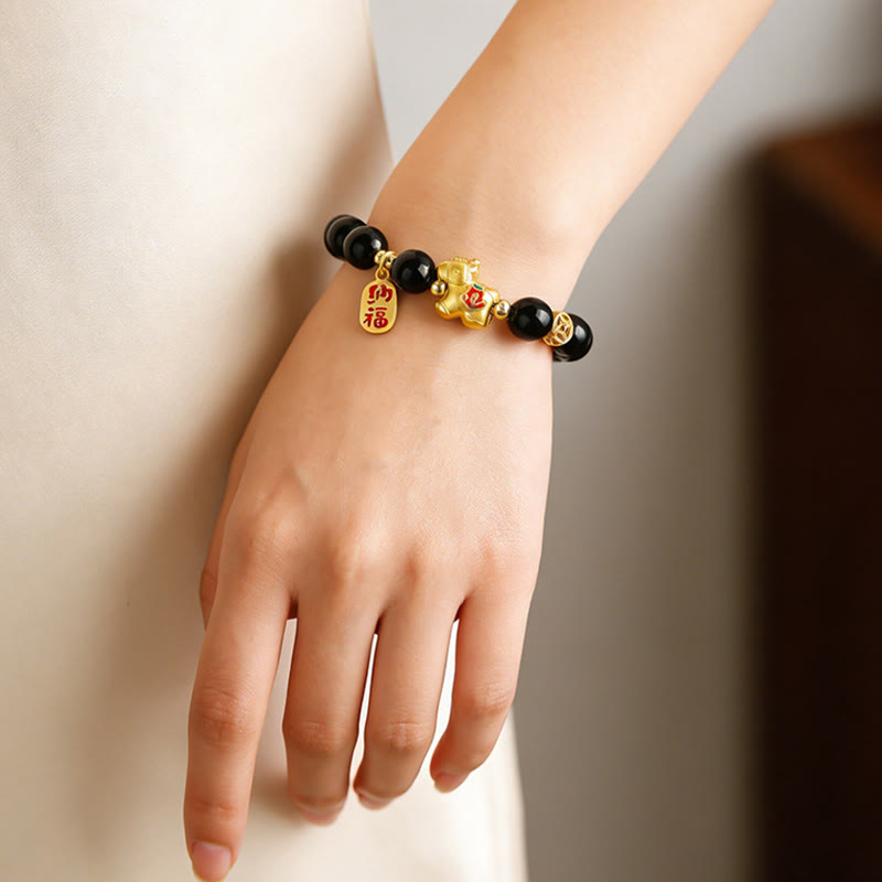 Buddha Stones Bracelet de force en obsidienne noire de l'année du Cheval - image 3