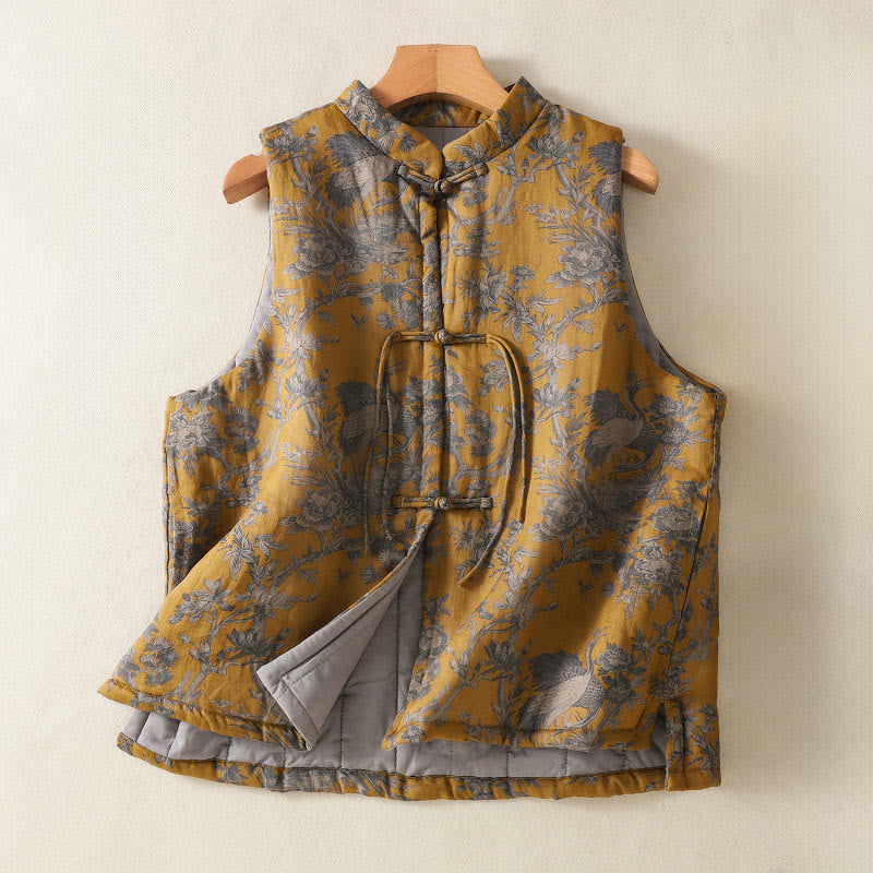 Buddha Stones Gilet sans manches en coton pour femme, motif branches de grues et boutons grenouille - verge d'or - US8-10，UK/AU12-14，EU40-42 (2XL) - image 0