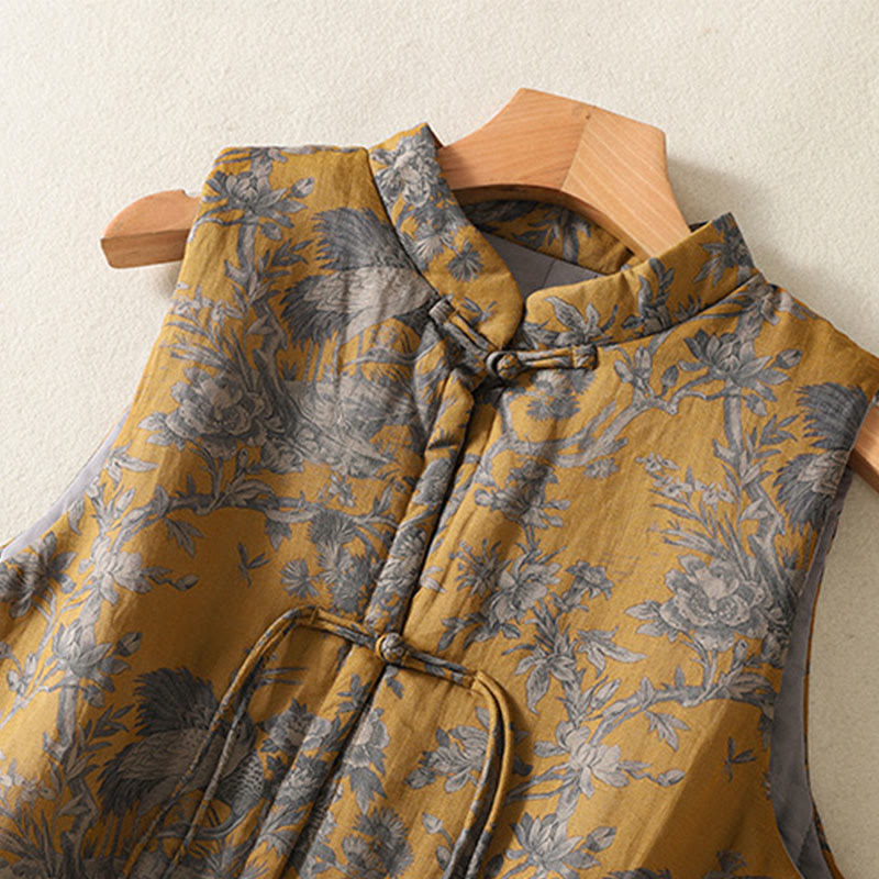 Buddha Stones Gilet sans manches en coton pour femme, motif branches de grues et boutons grenouille - image 4