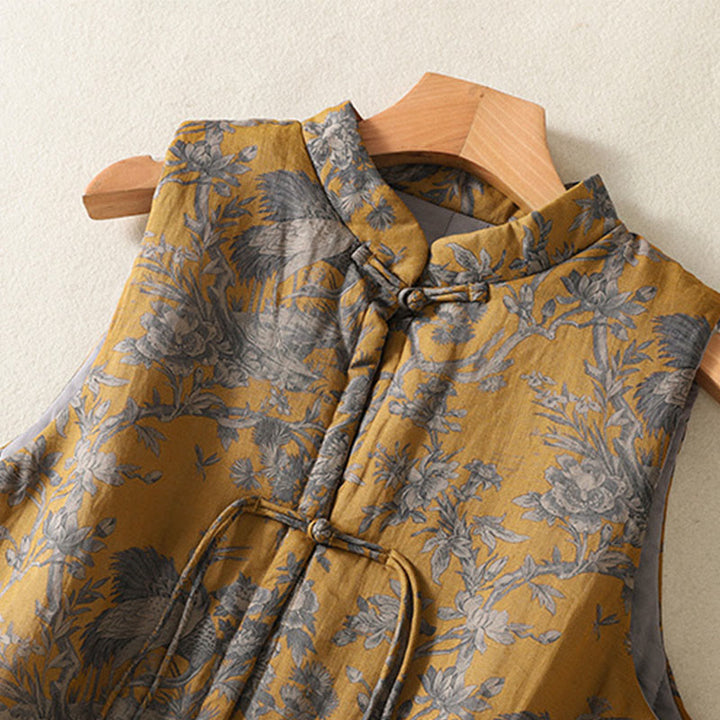 Buddha Stones Gilet sans manches en coton pour femme, motif branches de grues et boutons grenouille - image 4