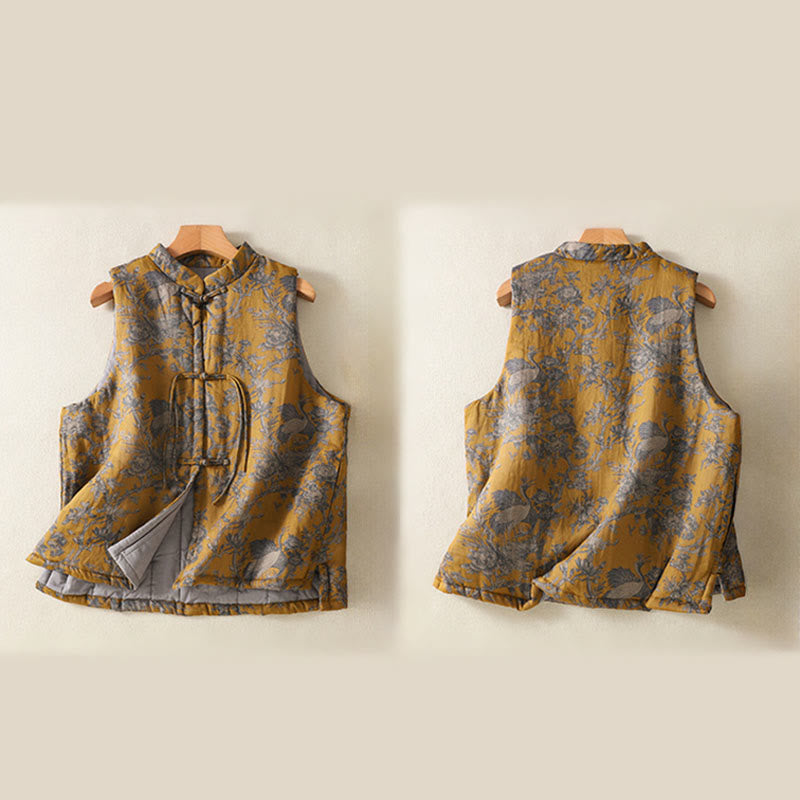 Buddha Stones Gilet sans manches en coton pour femme, motif branches de grues et boutons grenouille - image 3