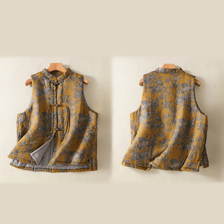 Buddha Stones Gilet sans manches en coton pour femme, motif branches de grues et boutons grenouille - image 3